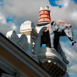 Statue of the Elephant and Castle, atop the old pub of the same name, Bondway, near Vauxhall tube Station.