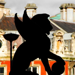 One of four bronze winged lions on Holborn Viaduct, WC2, by Farmer and Brindley, 1869.