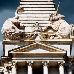 Lion and unicorn by Tim Crawley. Installed on the tower of Nicholas Hawksmoor's St George's Church, Bloomsbury, WC1, (1716-31), as part of the 2006 restoration programme to replace the long missing originals.