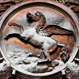 Roundel of Pegasus decorating the iron gates of the Inner Temple EC4. This emblem, which forms the Inner Temple's coat of arms, may have been inspired by tiles in the Temple Church showing a Knight Templar on horseback with a raised sword and shield.